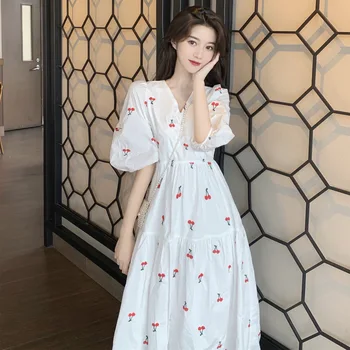 

2020 Summer New Style Korean-style CHIC Waist Hugging Slimming V-neck Cherry Embroidery Mid-length Dress Women