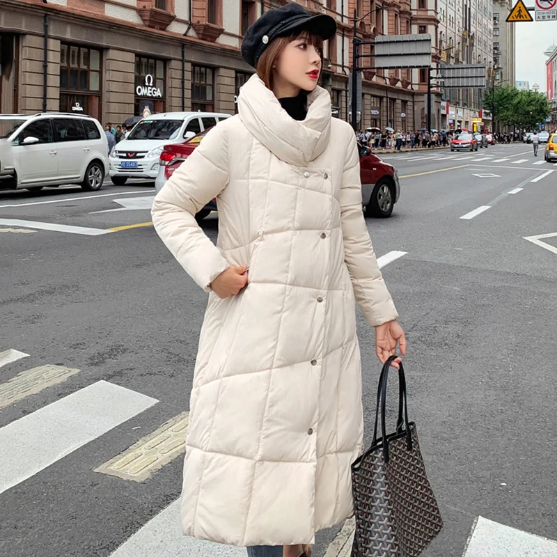 

2019 New Winter Jacket Women Stand Collar Breasted Buttons Long Ladies Coat Female Outwear Parka Cotton Padded