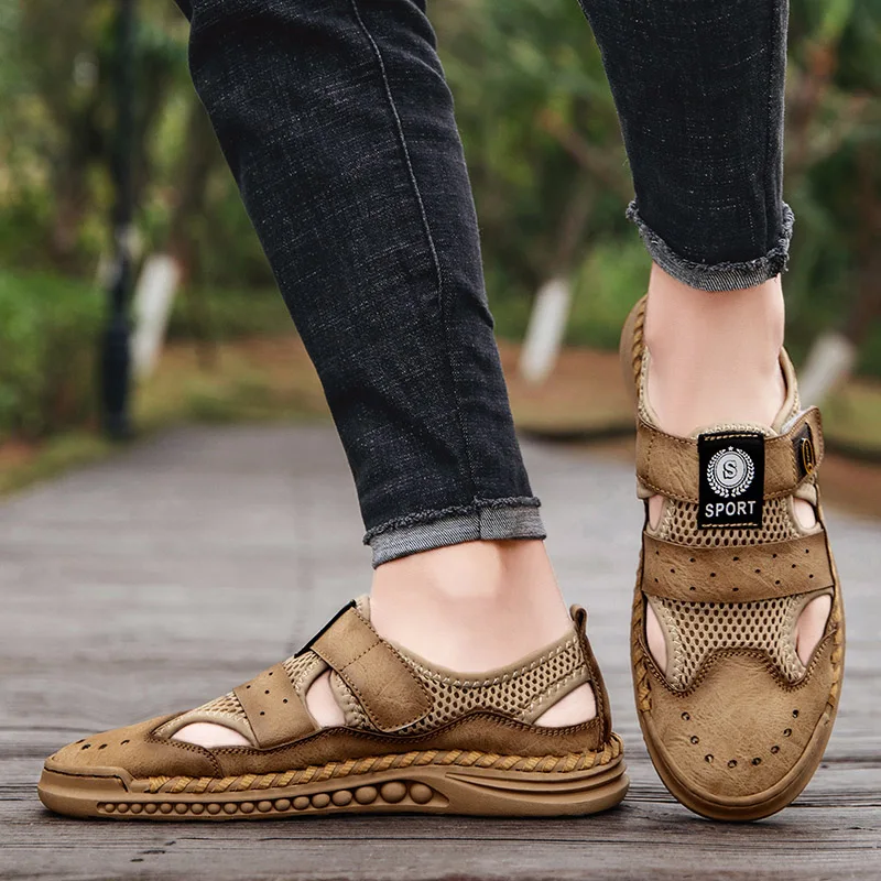 Men's Sandals Male Shoes Leather Mesh Stitching Summer Men Shoes Beach Sandals Fashion Outdoor Casual Sneakers Footwear 38-46