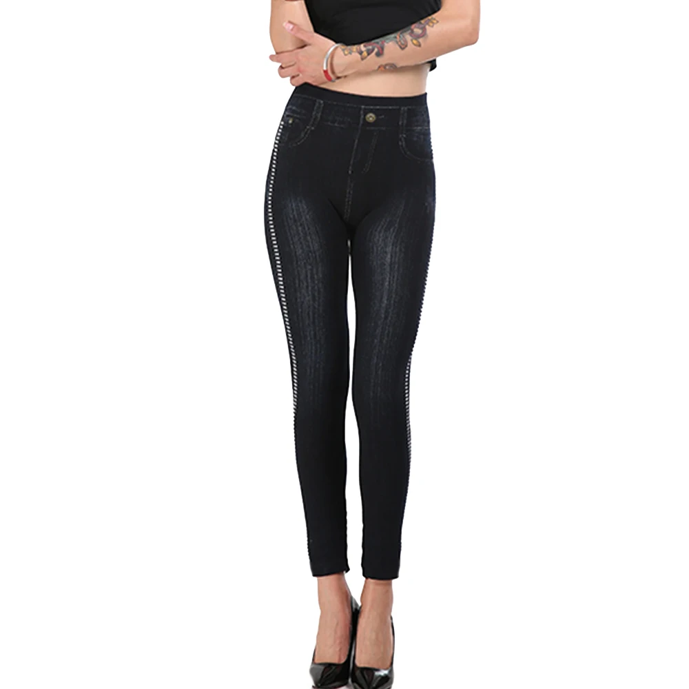 ADISPUTENT Knitted Streetwear Seamless Jeans Leggings Fashion Side Dot High Waist Pencil Pants Stretch Push Up Ladies Legins - Цвет: Black