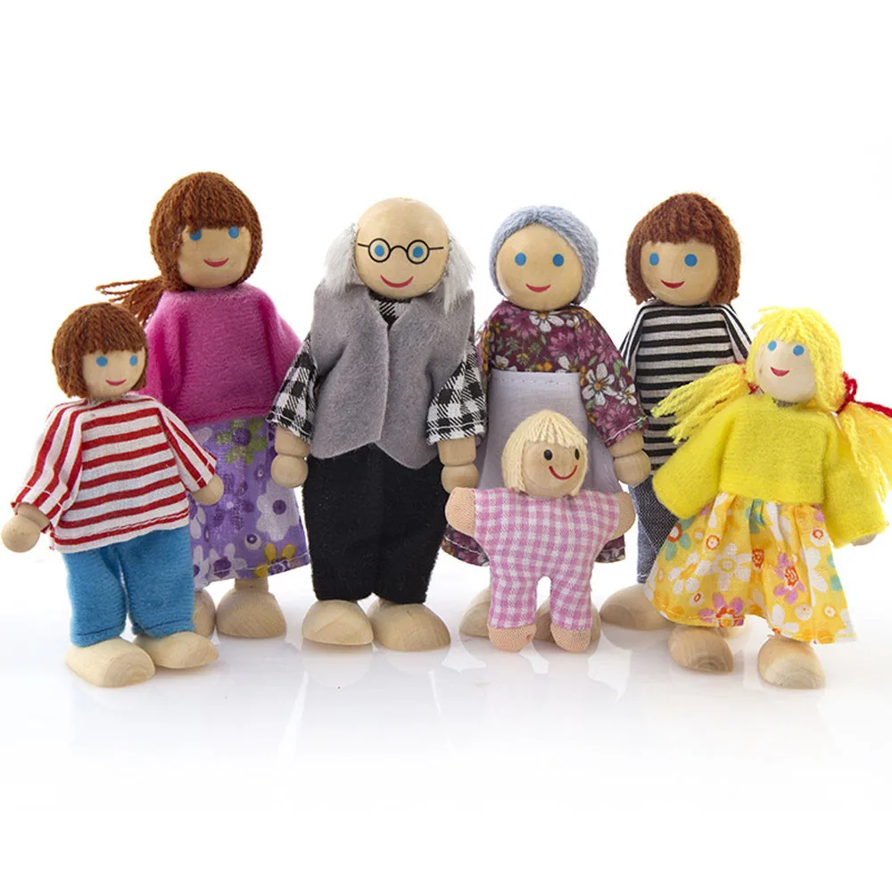 Happy Dollhouse Family Dolls Small Wooden Toy Set 7 People Dressed Characters Children Kids Playing Doll Gift Kids Pretend Toys