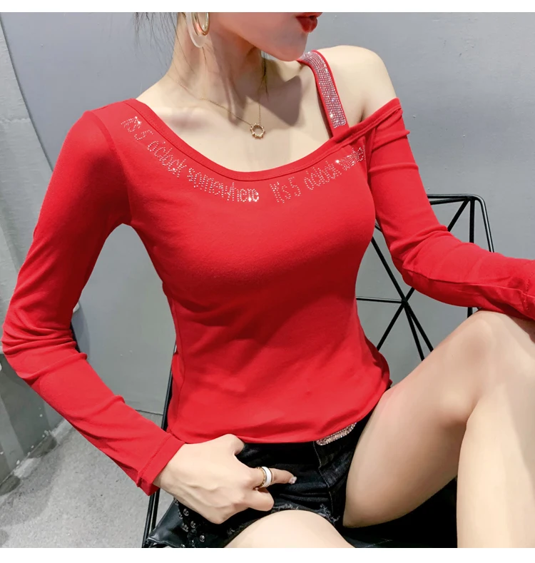2020 Autumn New women tops Fashion long sleeve sexy off the shoulder women t-shirt hot drilling Elegant slim women clothing