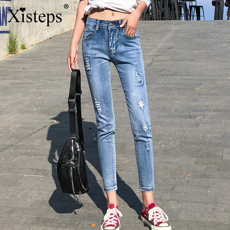 

Xisteps 2020 New Women Jeans Ripped holes Autumn Skinny Stretch Pencil Deinm Pants Slim Fit Sexy Jeans Street Wear Pockets
