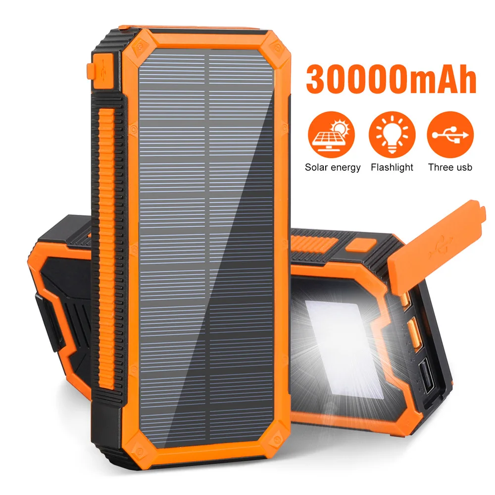 30000mAh Solar Power Bank Portable Charger For iPhone PD 18W 3 USB Type C  Powerbank External Battery Poverbank with Flashlight