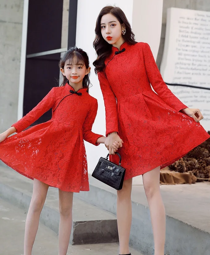 

[one piece price] 2020 new in family wear red dress spring/autumn national wind mother and daughter clothing