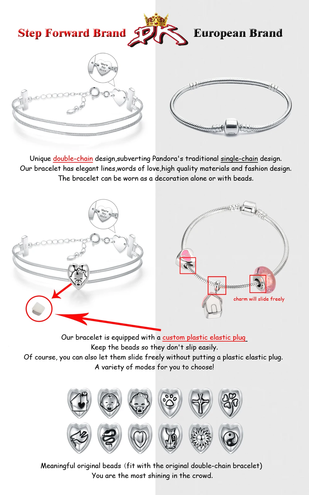 STEP FORWARD Original Double Chain Bracelet 925 Sterling Silver Charm Bracelets For Women Snake Chain Bangle Fit Love Beads