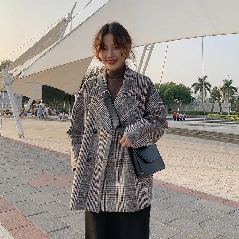 Lattice Woolen tops Suit collar coat Autumn New 4XL Double-breasted elegant Womens coats Large size Youth clothing trend