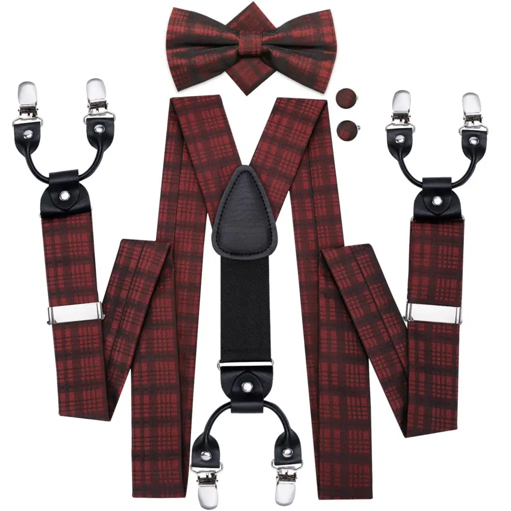 Hi-Tie мужские подтяжки клетчатые модные свадебные различные 6 зажимов вечерние предварительно завязанные бабочка Карманный платок Набор регулируемые подтяжки - Цвет: BD-3007