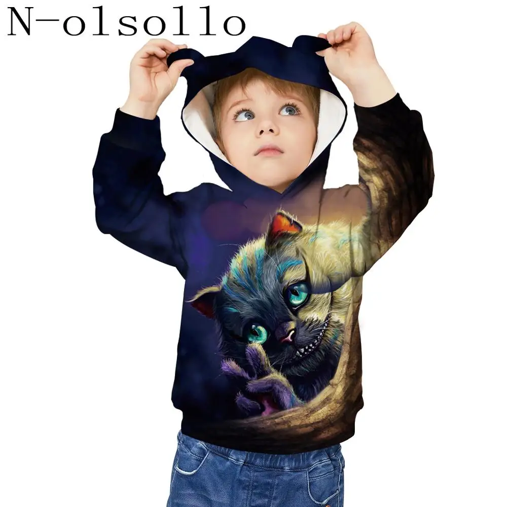 N-olsollo Винтаж кошки 3D печатных дети Толстовка с ушками, с карманами, на возраст от 4 до 15 лет, Детская Модные свитеры с капюшоном пуловеры Новые Топы