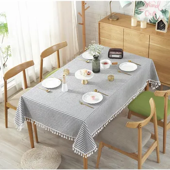 

Lanke Cotton linen Stripe Tablecloth With Tassel,Home Kitchen Decoration Dining Table Cover Tea TableCloth