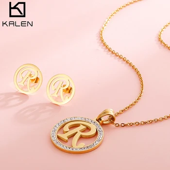 

Kalen New Cheap Capital Letter Jewelry Set Women Rhinestone & Stainless Steel Gold Letter M Pendant Necklace & Earrings Set 2017