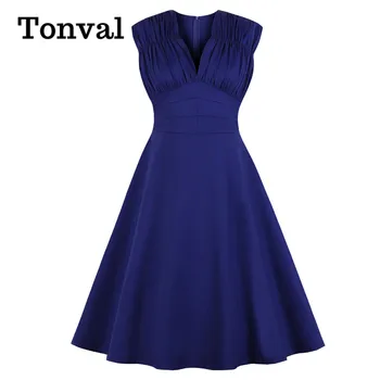

Tonval Ruched V Neck High Waist Vintage A Line Solid Dress Summer Sleeveless Cotton Women Elegant Party Midi Dresses