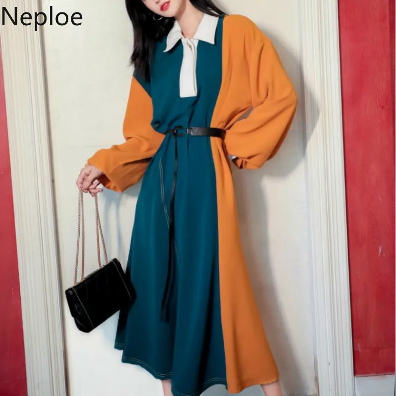 Neploe New Spring Autumn Patchwork Contrast Color Long Dress Turn Down Collar Lantern Long Sleeve Design Vestido Loose Ropa