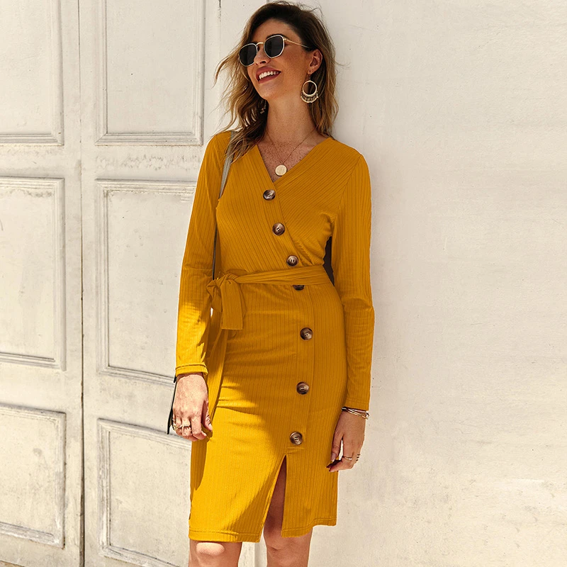 

Retrieved Women's Dresses 2019 Sexy V -Neck Long Mouwen Effen Elegant Trui Jurk Casual Sharpening Bodycon Midi Party Dress