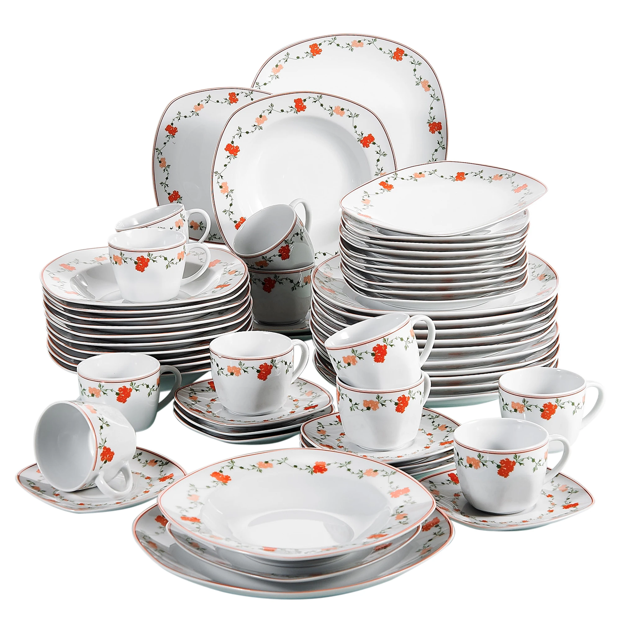 

VEWEET GLORIA 60-Piece Porcelain Flower Pattern Plate Tableware Set with Dessert Plate/Soup Plate/Dinner Plate/Cups/Saucers Set