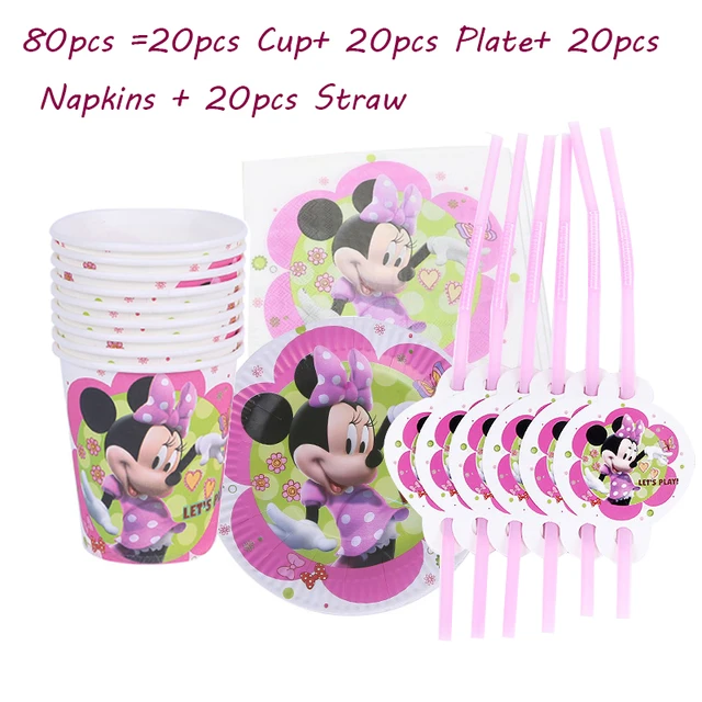 180*108 cm 1pc Minnie Mouse Theme Table Cloth for Kids Happy Birthday Party Decoration Table Cover Event Party Supplies 80pcs set