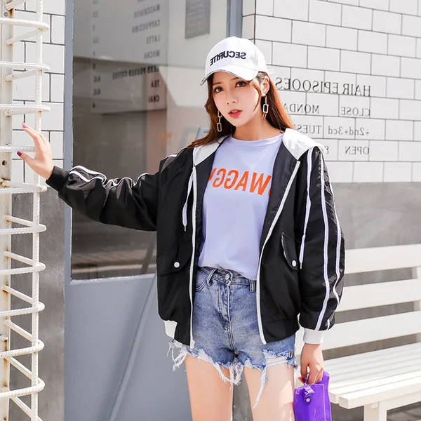 

2018 Short Coat Autumn Clothing New Style Versatile Slim Fit Stripes Cardigan Baseball Uniform Printed "Hooded Jumper Modern And