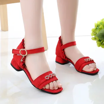 

2021 Summer Sandal Girl Beach Fashion Rhinestone Princess Dance Shoes Child Pink Kid Heels Flock Shoes 3 6 7 8 10 11 12 13 Years