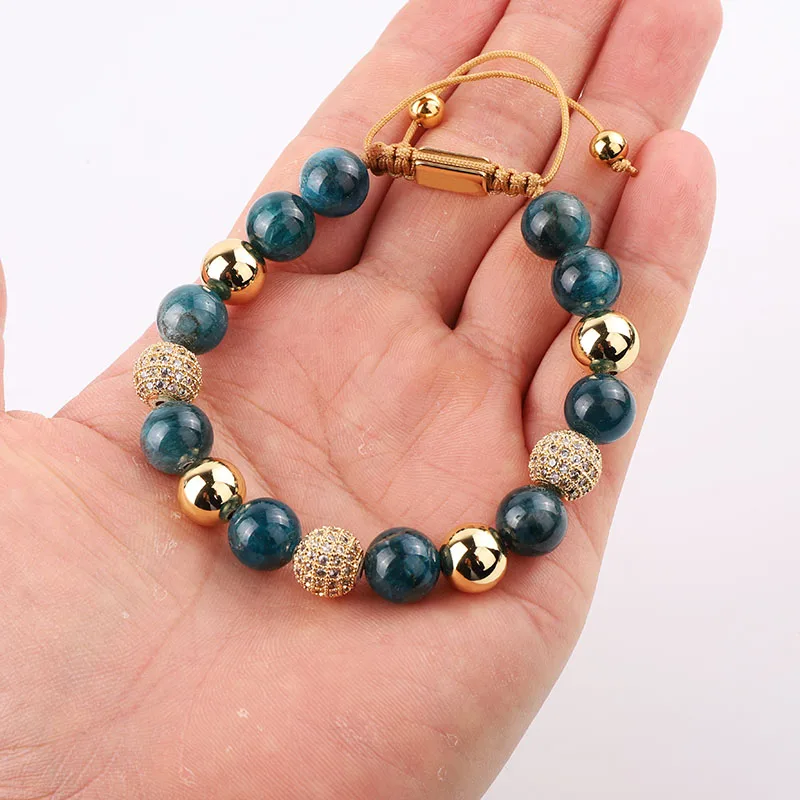 High Quality Luxury CZ Pave Ball Natural Stone Apatite Custom Women Jewelry Macrame Bracelet - Image 6
