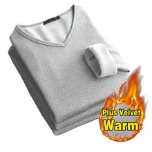Autumn Winter Plus Velvet Thickening Mens Thermal Underwear Tops Long Sleeve Soft Warm T Shirt Casual V Neck Man Thermal Blouse