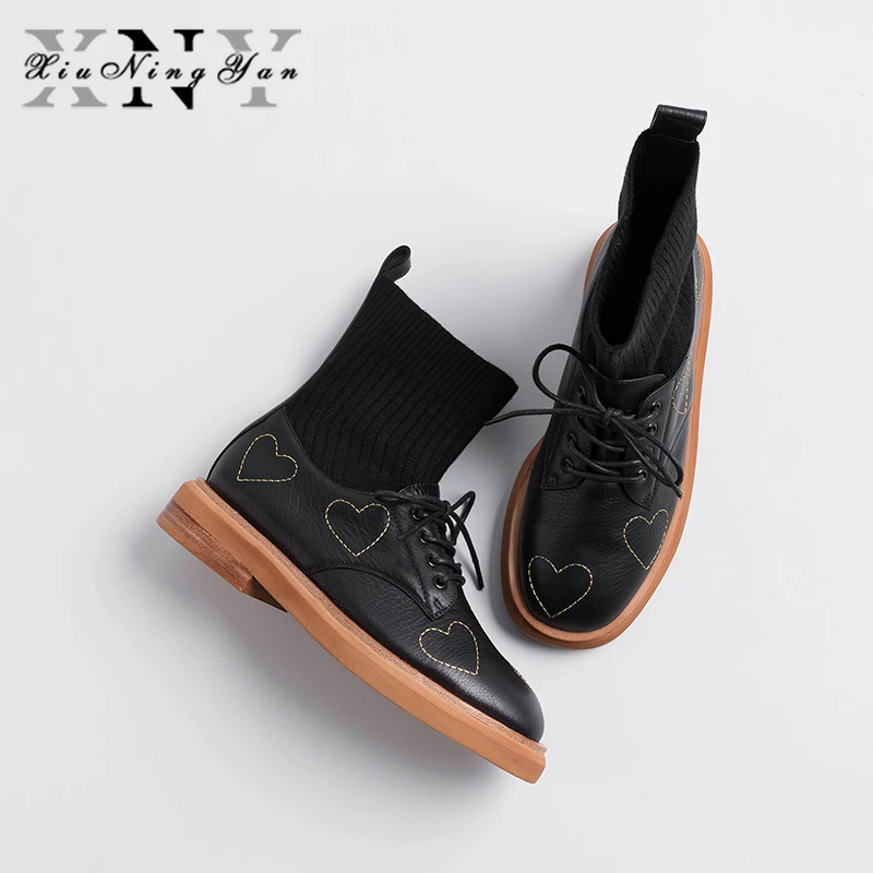 Fashion Women's Casual Shoes Short Boots European American Style Soft Genuine Leather Heart-shaped Wool Mouth Boots Martin Boots