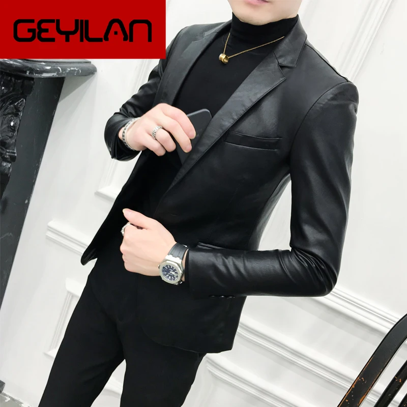 

Solid Black Slim Fit Blazer Hombre PU Leather Jacket Men One Button Business Casual Prom Blazers For Men Korean Suit Coat