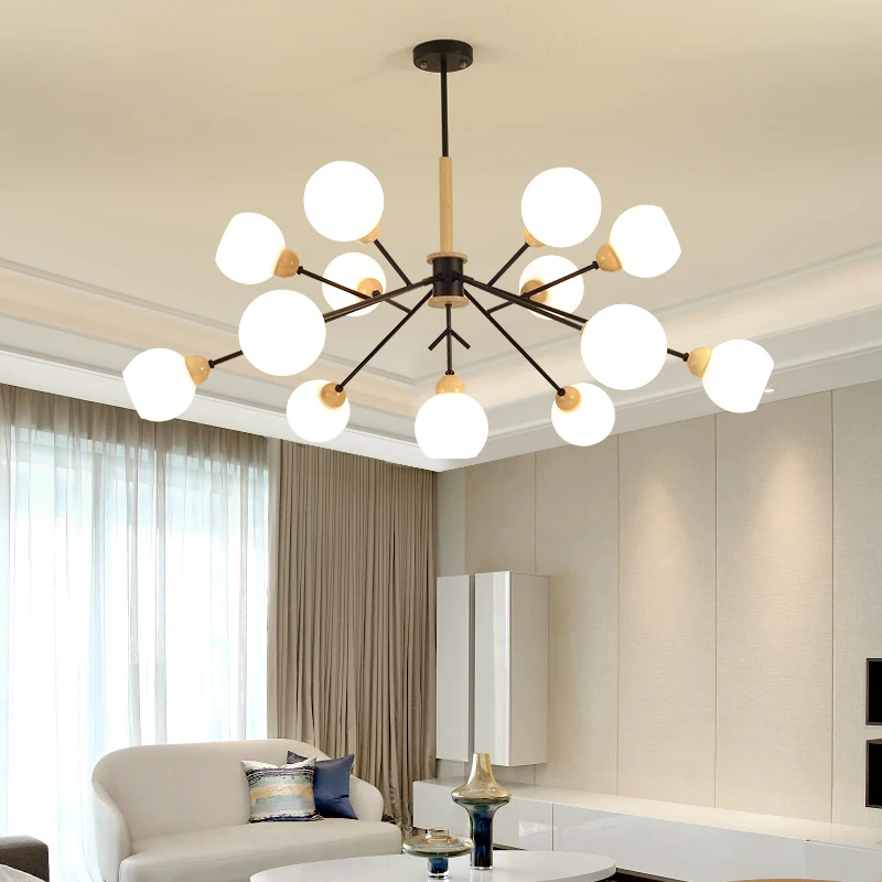 Art design Chandelier Light Branch Hanging Lamp Wooden Iron Chandeliers For Kitchen Study room Living Glass Shade Bulb | Лампы и