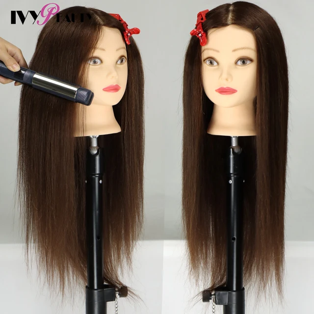 Female Mannequin Training Head And Stand For Hairdressers Hairstyles 85% Human Hair Training Head For Braid Hairdressing Head Brown Doll Head