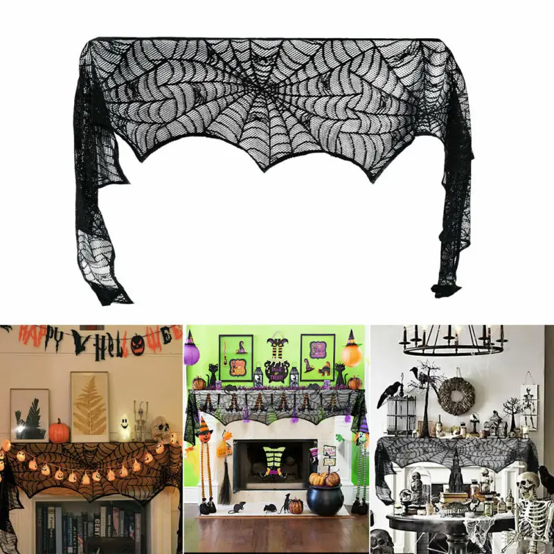

18x96inch New Halloween Decorations Tablecloth Black Lace Spider Web Table Cover Net Fireplace Cloth Fire towel Curtain Shade