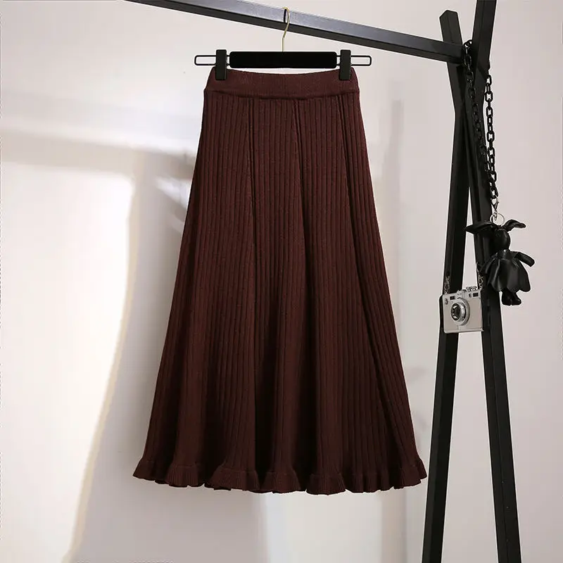 Brown Vangull Женская трикотажная юбка с рыбий хвостом Зимняя шерстяная юбка с высокой талией Высококачественная драпированная элегантная новая шерстяная смесь свободная Однотонная юбка - Цвет: Brown