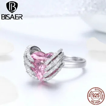 

BISAER NEW Rings 925 Sterling Silver Pink Crystal Heart Stone Guardian Free Size Finger Rings for Women Luxury Jewelry GAR014