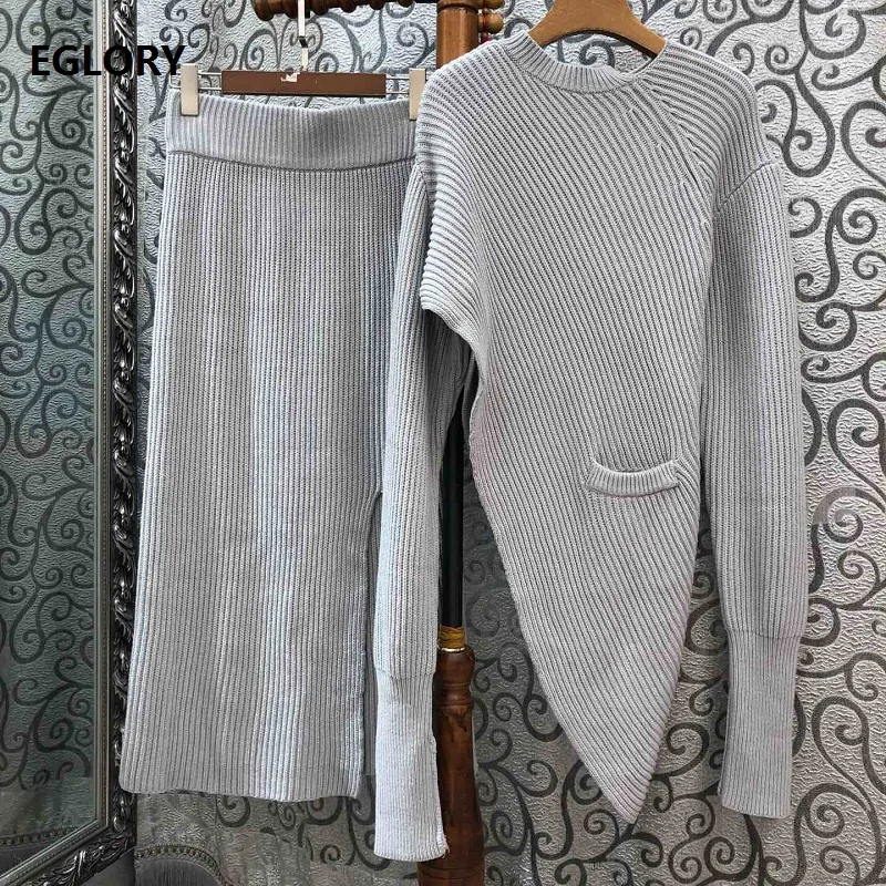 

High Quality Sweater Suits 2019 Autumn Casual Tracksuit Women Long Sleeve Grey Pullovers+Mid-Calf Split Knitted Skirt Set 2 pc