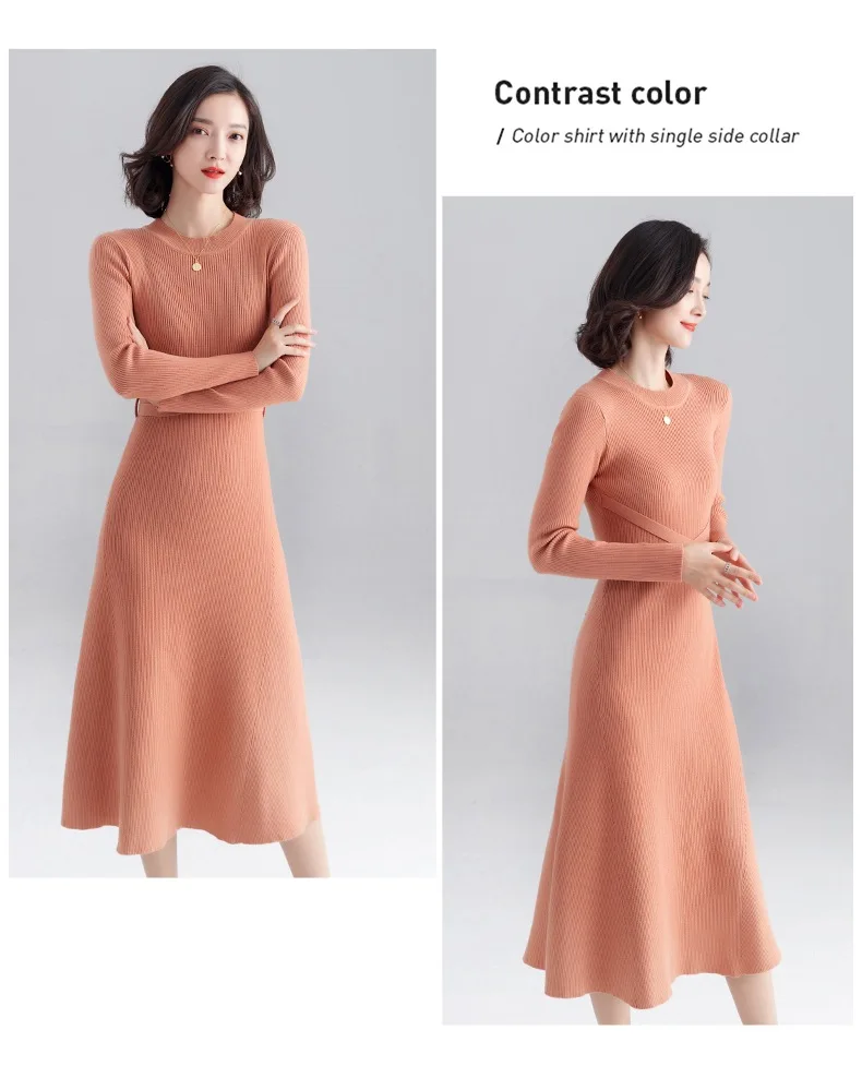 INNASOFAN knitted dress women Autumn Winter long-sleeved dress Euro-American fashion chic dress solid color