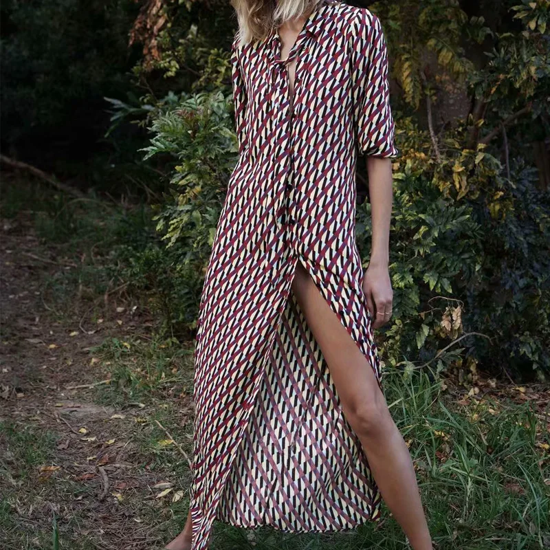 KUMSVAG 2020 Summer Women Vintage Shirts Dress 3/4 Sleeve Bow Tie New Fashion Dresses Female Elegant Long Maxi Clothing | Женская одежда