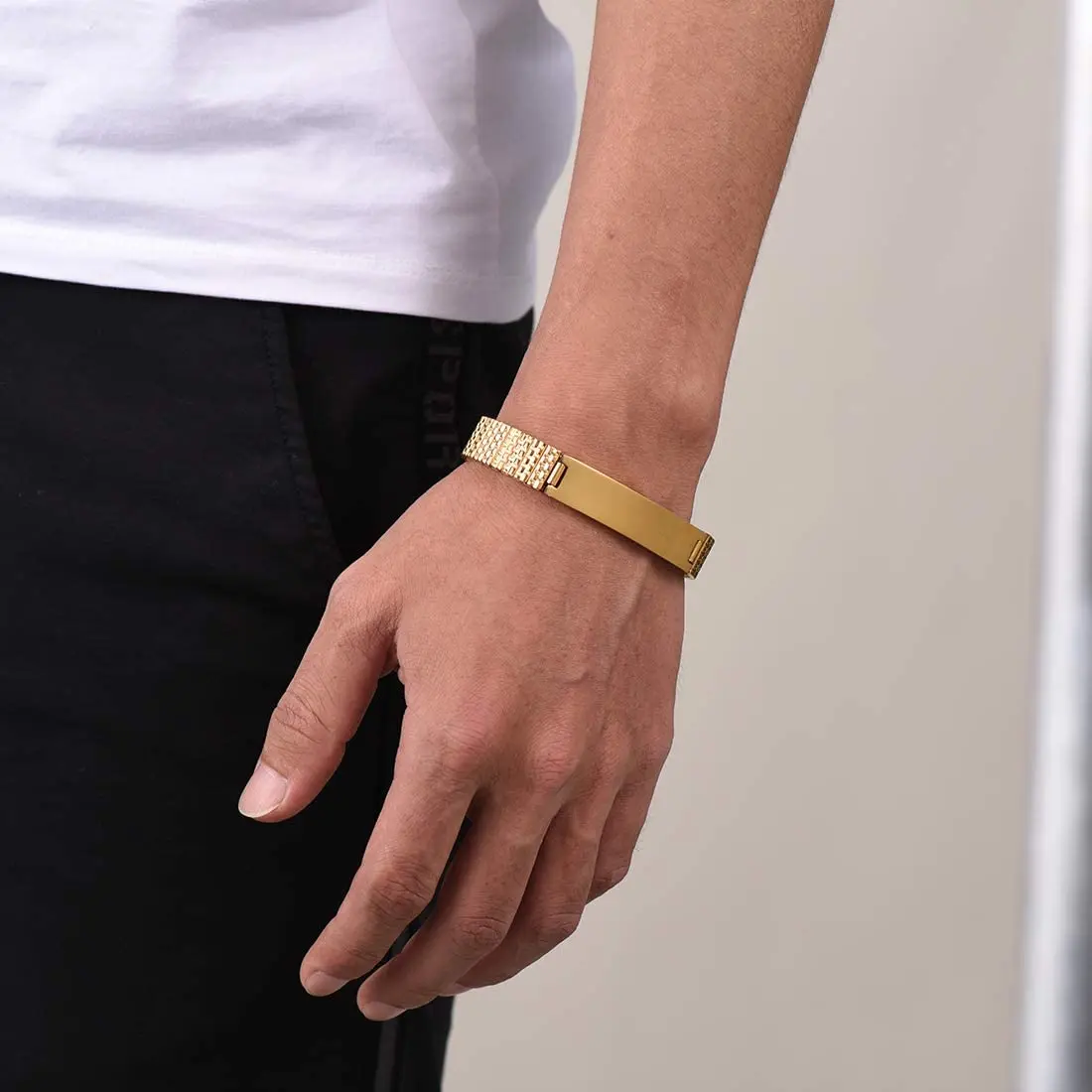 U7 Cool Wide Bracelet for Men 12MM  Stainless Steel Gold Color Wrist Link  Engraved Bangle fit  160-210mm