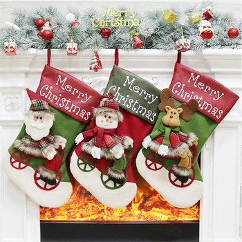 

New 3 Pcs Christmas Socks Splicing Santa Snowman Elk Gift Bags Large Candy Stockings Xmas Gift Home Christmas Decoration