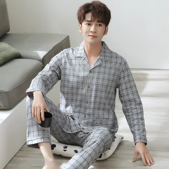 

Pajamas Men's Cotton Long-sleeved Home Wear Men's Cotton Casual Thin Style Pijama Hombre Verano Lounge Set Pigiama Uomo Fashion