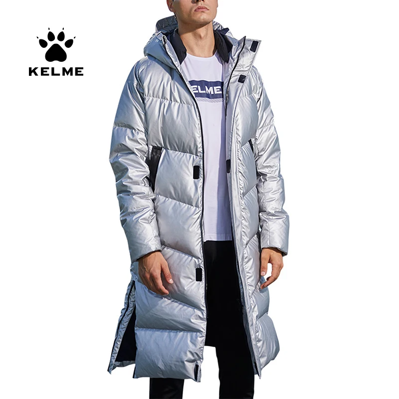 Зимний мужской пуховик KELME серебристого цвета с капюшоном 90% Пух белой утки