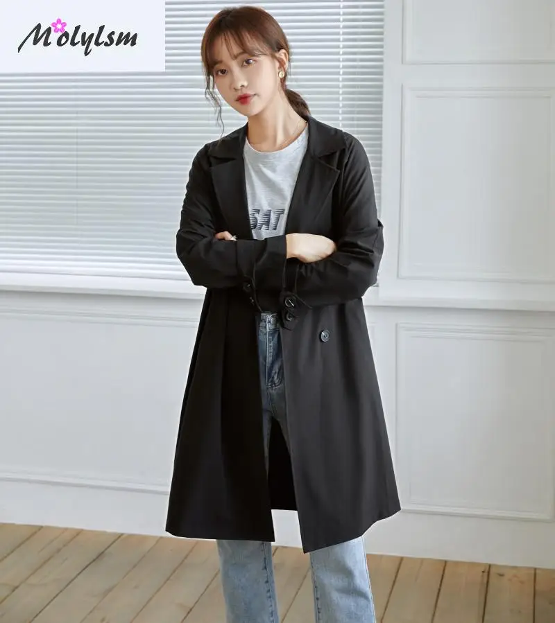 

Autumn 2020 New Thin Double Breasted Windbreaker Women's Long Korean Style Loose Solid Color Over The Knee Jacket