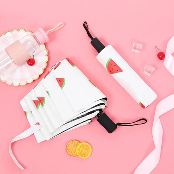 

190T Pongee Fabric Funny Fruit Printed Three-folding Automatic Umbrella 8 Ribs Sunny and Rainy Umbrella for Unisex Fashion