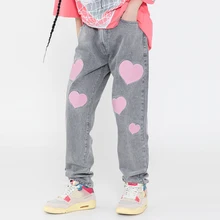 Pantalones vaqueros rasgados con bordado en forma de corazón para hombre y mujer, Jeans Retro rectos de gran tamaño, Jeans desgastados sueltos