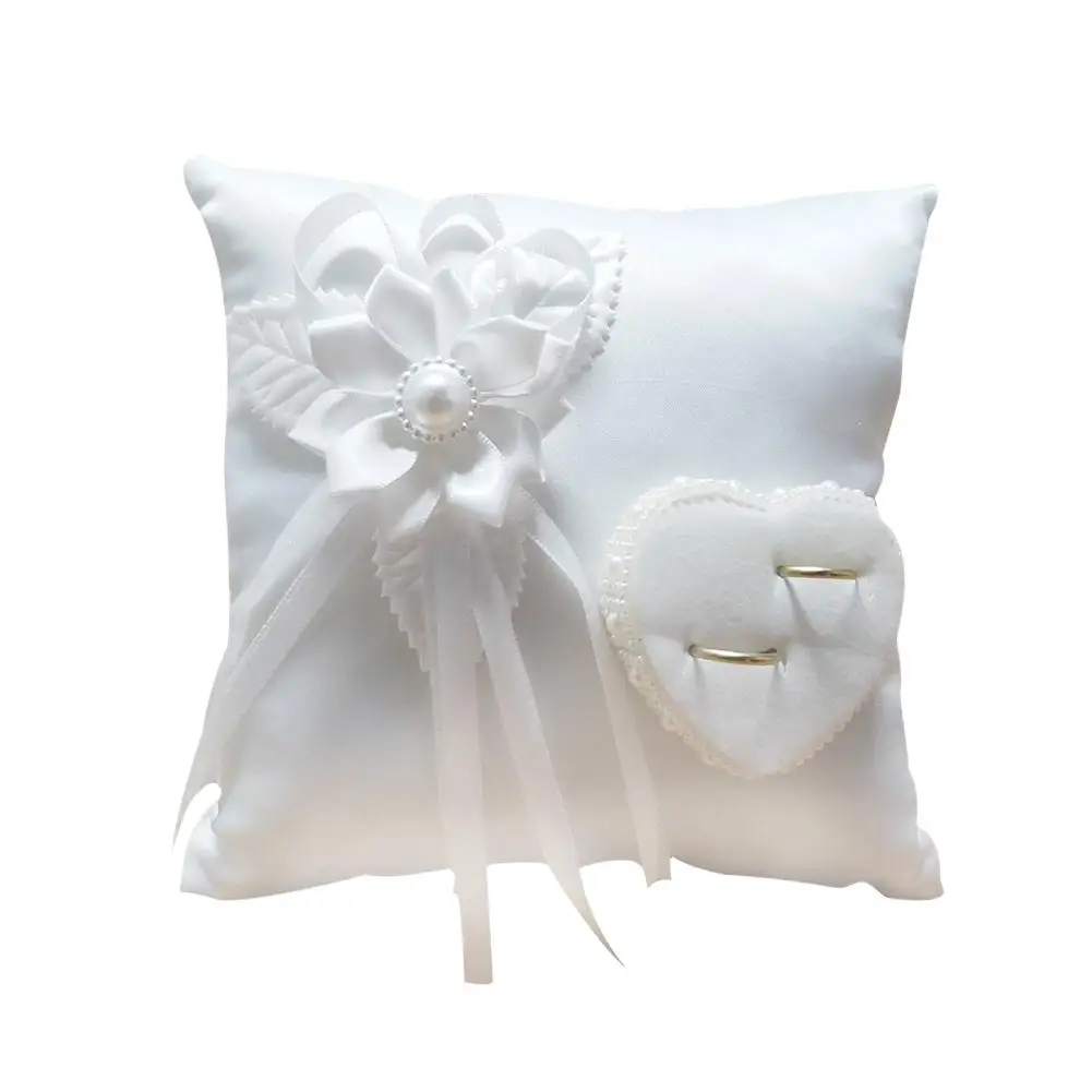 

Wedding Ring Pillow Romantic Stylish White Square Flower Ring Camellia Heart Shaped Cushion Marriage Supplies For Beach Wedding