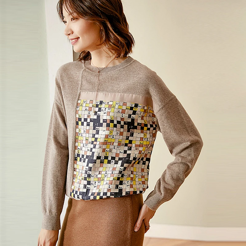 

Sweater Women Simple Design Wool Patchwork Silk Vintage Kniting O Neck Long Sleeves Loose Ladies Casual Pullovers Fashion