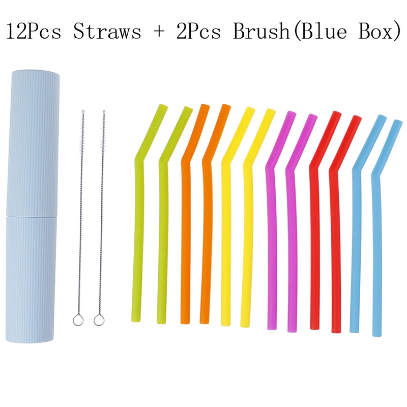 Blue 2 6/12Pcs Reusable Silicone Drinking Straws Set, Long Flexible Straws with Cleaning Brushes Bar Party Straws - Цвет: Blue 2