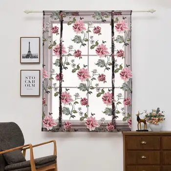 

2020 Room Darkening Short Roman Window Flower Curtain Tie-Up Kitchen Shade Solid Color Home Textil