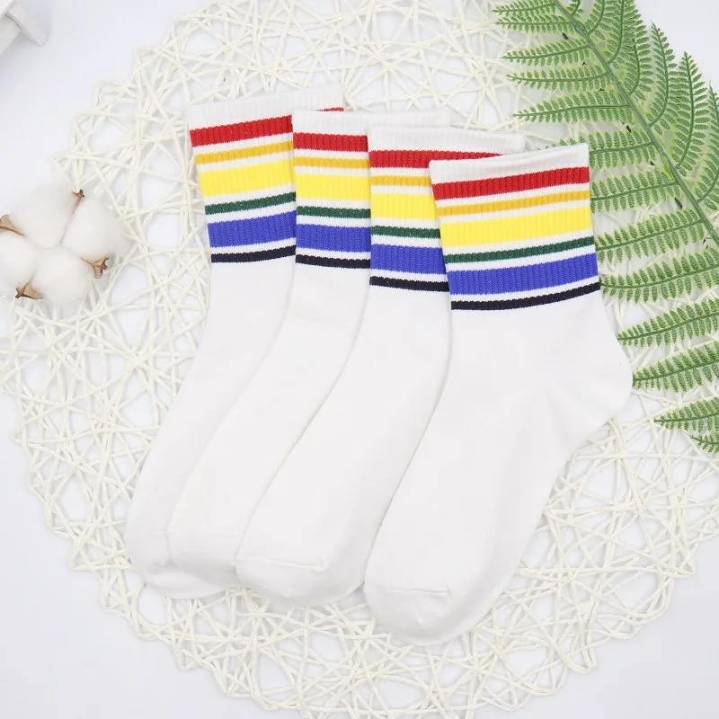 2 pairs 2 пары, женские модные носки с радугой, зимние женские носки, хлопковые носки с радужными полосками, модные теплые Повседневные носки для девочек в стиле Харадзюку - Color: 2 pairs