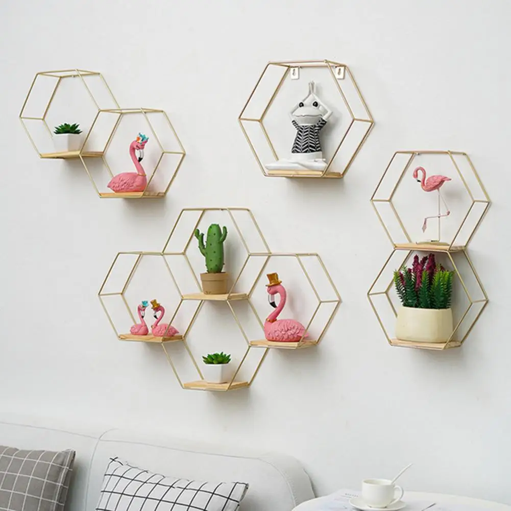 Morden Nordic Hexagonal Iron Stand Small Pot Wall Shelving Holder Home Shelf Storage Holder Decorative Shelves