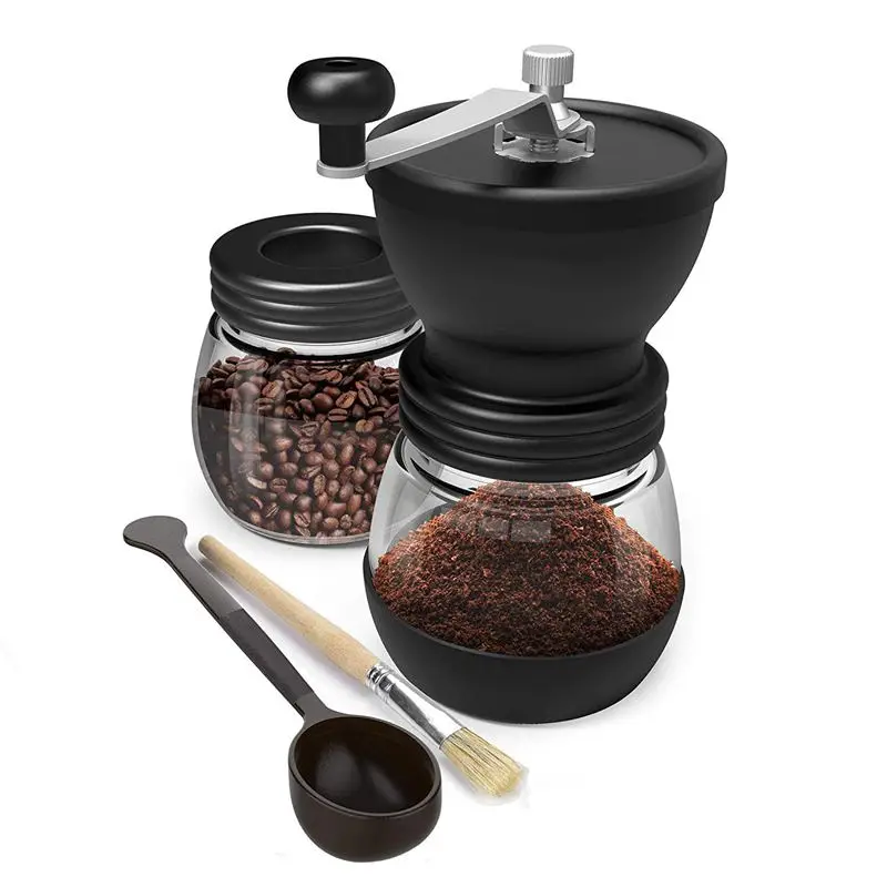 

Manual Coffee Grinder With Ceramic Burrs, Hand Coffee Mill With Two Glass Jars Brush And Tablespoon Scoop
