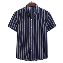 KISSQIQI Men Striped Short Sleeve Shirt Casual Fashion Stiped Shirt Summer Slim Fit Men's Tops Maximum Asian Size  M-3XL