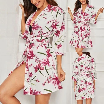 

New 2020 Sexy Nightgown Lingerie Fashion Women Print Nightdress Women Silk Kimono Lingerie Belt Bath Robe Nightwear Sleepwear